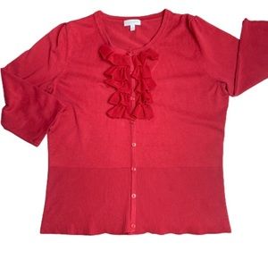 Fashion Bug Red Cardigan Ruffled Front EUC L